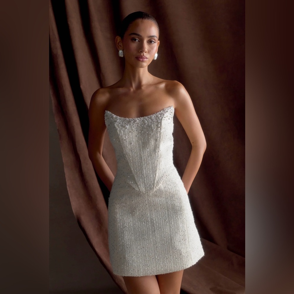 Meshki Lorrie Tweed White Mini Dress, Embellished